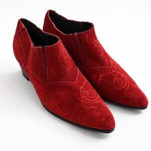 PALOMINO Red Suede Embroidered Western Ankle Boots Pointed Toe